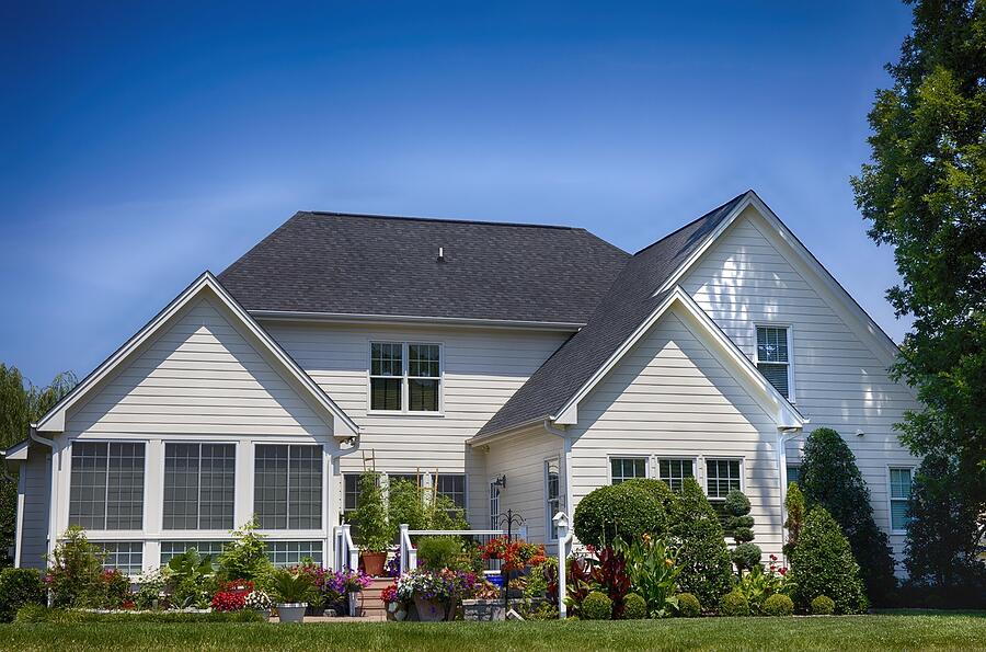 The back of a large Roseville house with a lawn and young trees