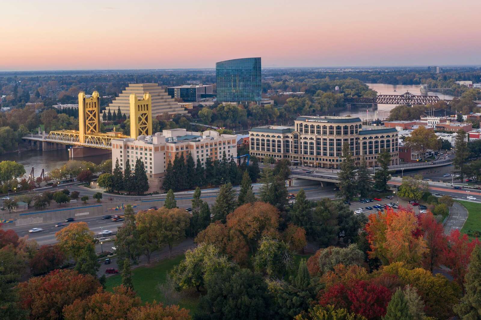 Tower Bridge and the Sacramento River from above on an autumn afternoon