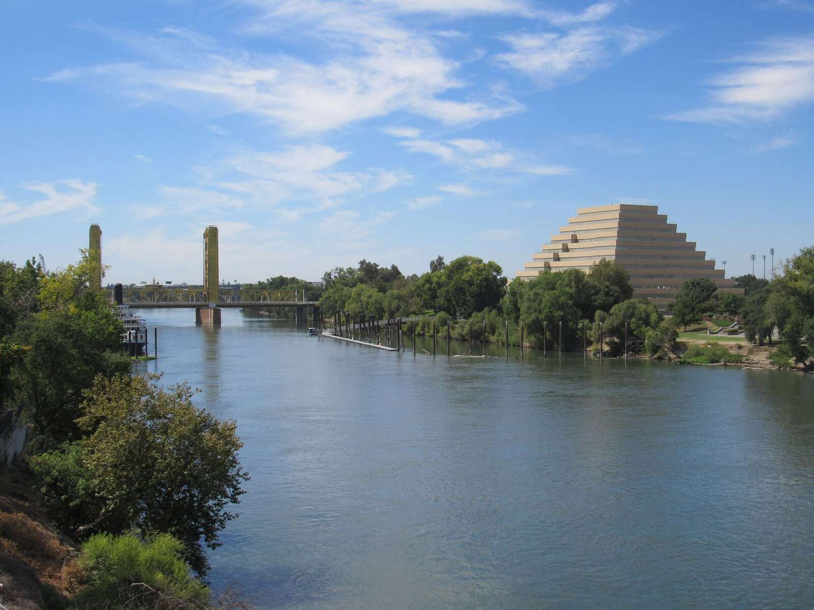 The Ziggurat building and Tower Bridge on the West Sacramento riverfront